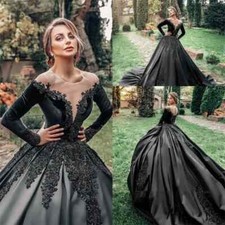 Black Gothic Wedding Dresses Sheer Neck Long Sleeve Lace Appliqued Bridal Gowns