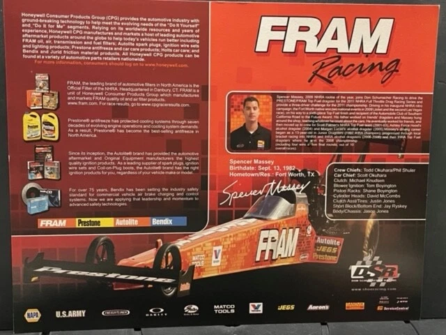 VRHTF NHRA RARO IMPRESIONANTE FIRMADO POR SPENCER MASSEY FRAM DSR RACING REPART Foto 3 de 3