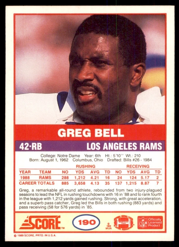 1989 Score Greg Bell B Football Cards #190 - Image 2 of 2