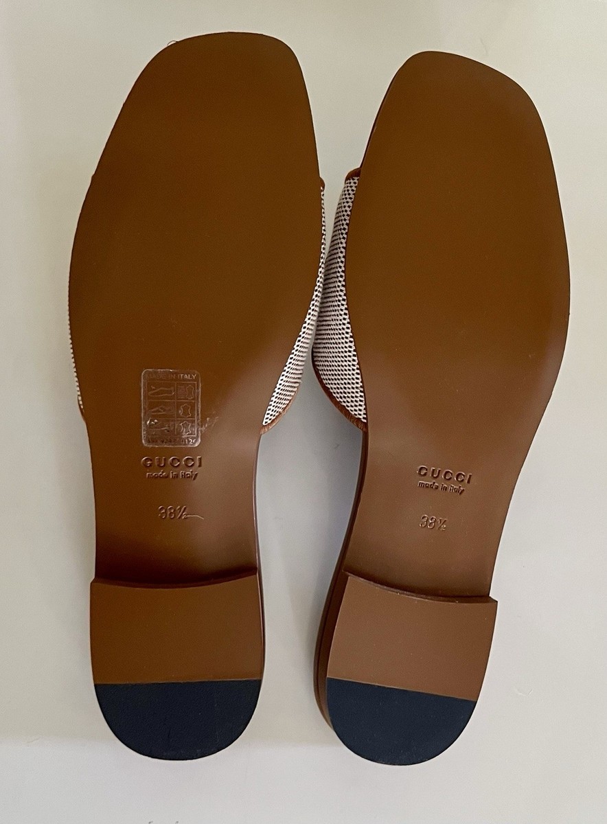NIB Gucci women's 38 1/2 brown leather & canvas slide sandals