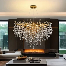 Modern Round Height-Adjustable Gold Tree Branch Pendant Lamp,Crystal Chandelier 