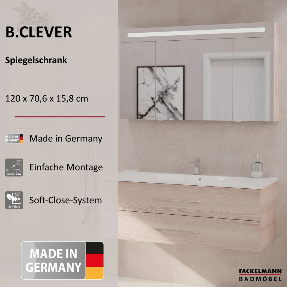 Fackelmann LED Spiegelschrank Badmöbel B.CLEVER in Braun hell 120 cm Badschrank - Bild 2 von 4