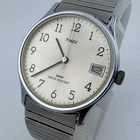 VTG Timex Very Thin Hand-Winding Mechanical Watch Men Silver Date Stretch Band