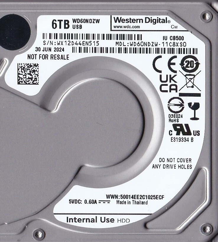 WD60NDZW-11C8XS0 s/n: WX12D4 JUN/2024 Thailand 6TB  2.5" USB 3.0 WESTERN DIGITAL - Image 3 of 4
