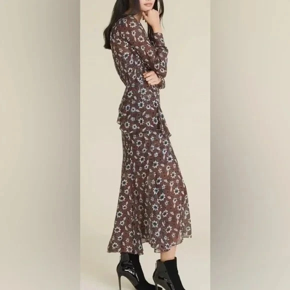 Vestido Verónica Barba Seda Floral Midi Talla 00 Marrón Dobladillo Asimétrico Ajuste Acampanado Foto 3 de 4