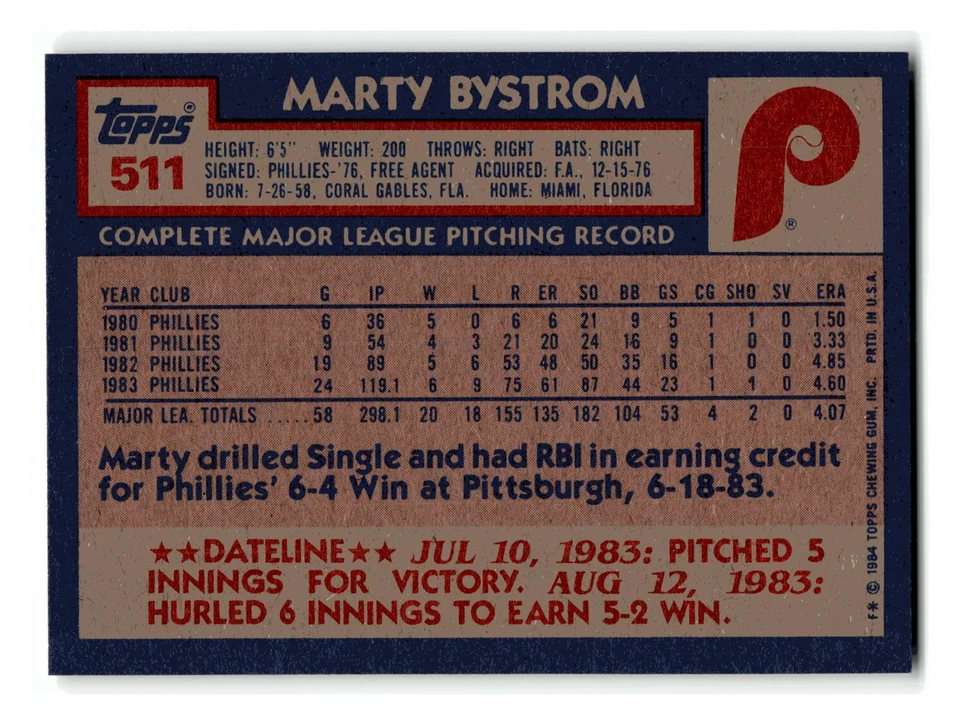 Marty Bystrom 1984 Topps #511 Philadelphia Phillies Near Mint NM - Image 2 of 2