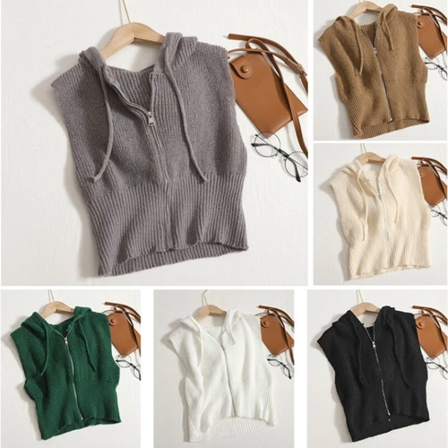 Women Knitted Waistcoat Gilet Zipper Crop Cardigan Hooded Vest Top Hooded Casual - Picture 5 of 19