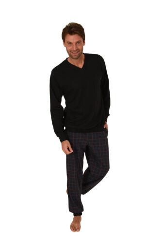 Herren Pyjama Schlafanzug V-Ausschnitt Uni Oberteil Langarm Karo Hose 57855 - Bild 1 von 3