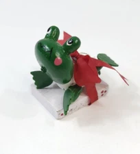 Vintage Wooden Green Frog Toad with big red Bow Ornament Sledding
