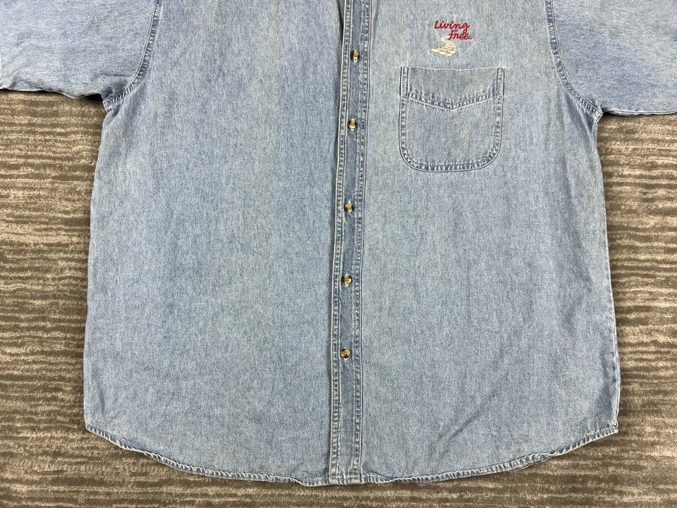 Vtg Blue Generation Shirt Mens XL Blue Denim Cotton Embroidered Logo Living Free - Image 3 of 4