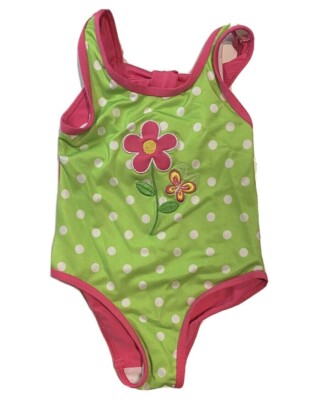 PENELOPE MACK GIRLS SWIMSUIT - FLOWER GREEN DOT SZ 24 MONTHS - ONE PIECE UPF 50+