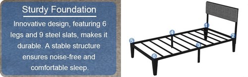 Twin Upholstered 12" Metal Platform Bed Frame /With Steel Slats /No Box Spring - Picture 10 of 12