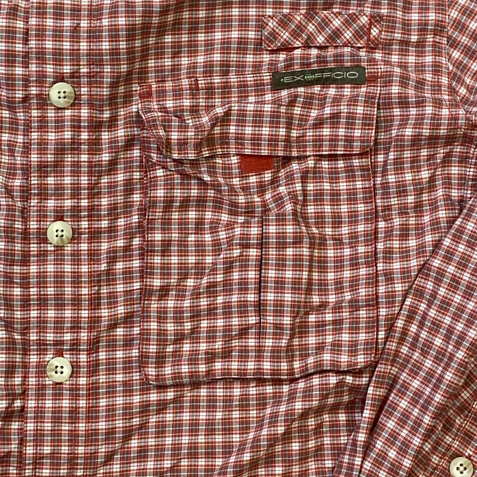 VTG ExOfficio Adventure Button Shirt Medium Red White Mesh Fish Performance Vent - Image 3 of 4