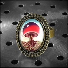 Magic Mushroom Retro Fantasy Art Handmade Glass Ring