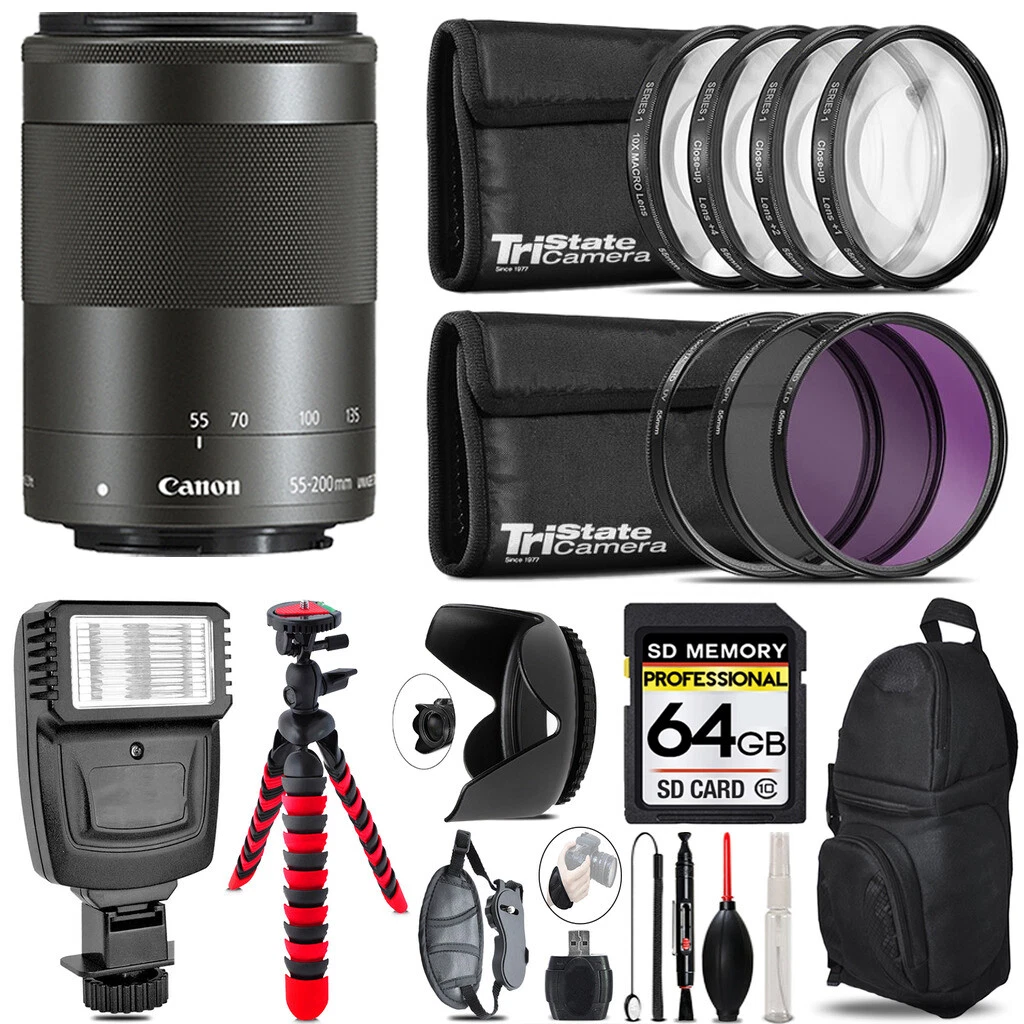 Canon EF-M 55-200mm IS STM Lens + Flash + Tripod & More - 64GB