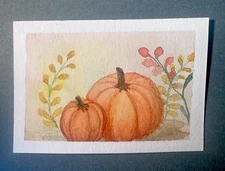 ACEO Art Card Original Watercolor Fall Pumpkins 2.5 X 3.5