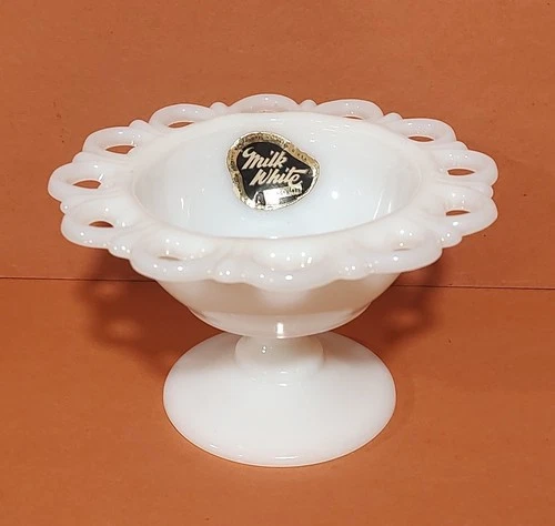 Vintage Anchor Hocking Milk Glass Pedestal Lace Edge Candy Dish With Label