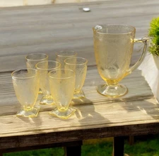 Vintage Yellow Etched Depression glass No. 612 pitcher and 6 tumblers Horseshoe