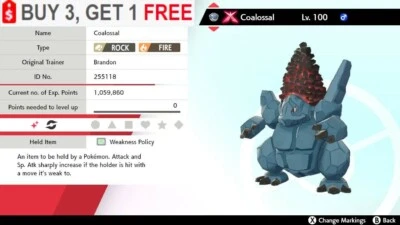 NINTENDO ✨Shiny Coalossal✨Pokemon Sword and Shield Gmax Adamant 6IV w/ Weakness Policy