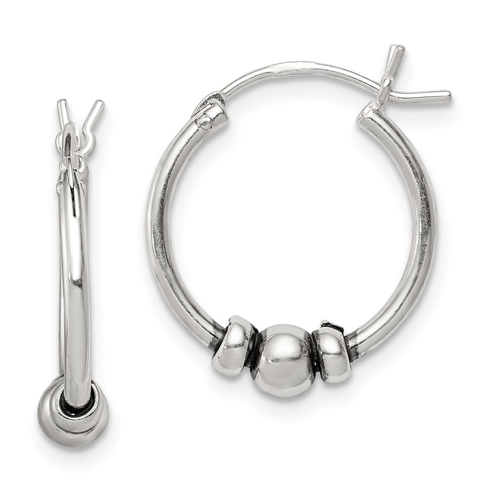 Sterling Silver Antiqued Finish Round Beaded Hoop Earrings