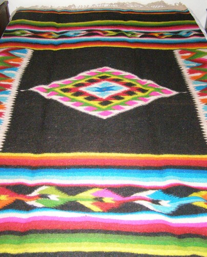 VINTAGE HEAVY WOOL ZAPOTEC BLANKET/RUG/WALL HANGING,EYEDAZZLER BLACK FIELD-89x53