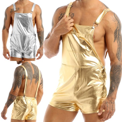 UK Mens Shiny Dungarees Shoulder Straps Bib Overall Suspender Shorts Hot Pants - Picture 3 of 43