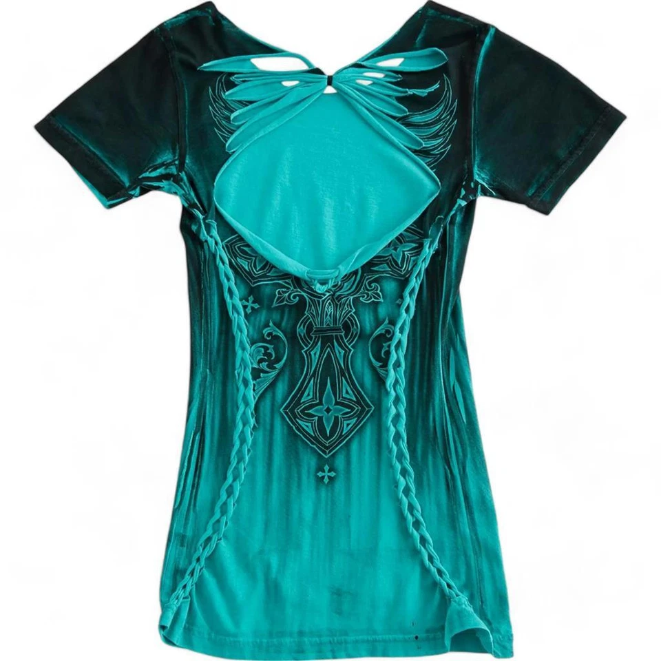 Nueva Camiseta Top Para Mujer Affliction Verde Roma Estrás y Alas Cruzadas XS-XXL Foto 2 de 2