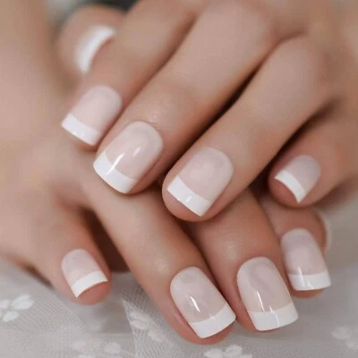 French Tip Fake Nails 2 SETS Press On Pre-Glued False Manicure Square Medium