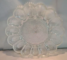 Indiana Clear Glass Deviled/Angel Egg Round Platter Beaded Hobnail Vintage