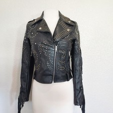 Glamorous Black Faux Leather Studded Fringe Moto Jacket Size M