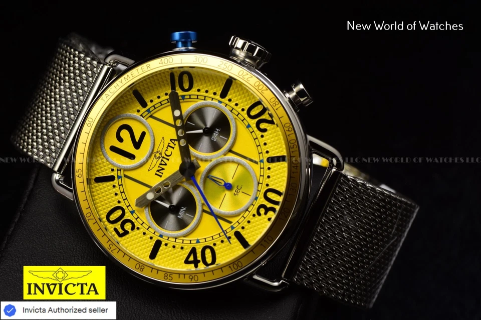 Invicta Mens SPEEDWAY GEARSHIFT 44mm YELLOW Dial Mesh Bracelet Chronograph Watch - Image 2 of 4