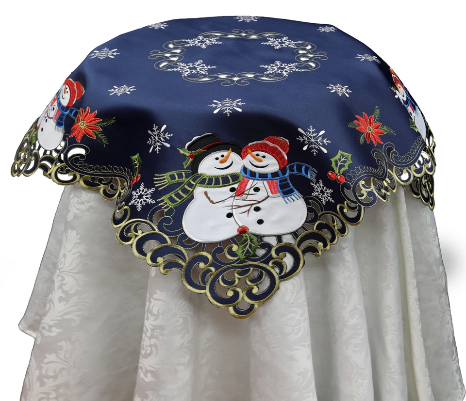 Holiday Christmas Snowman Snowflake Placemats Table Cloth Runner Navy Blue Gold - Image 4 of 4