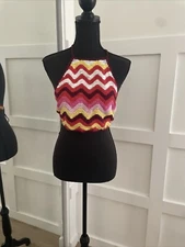 Forever 21 Backless Boho Knit  Crochet Multicolor Halter Tank Top SZ L