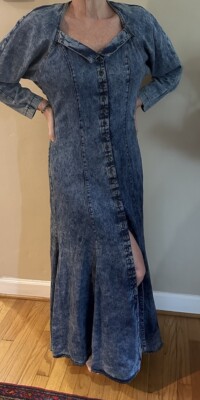 Exile Women Dress Size 10 Denim Button Down Collared Neck Acid Wash Belted Flare