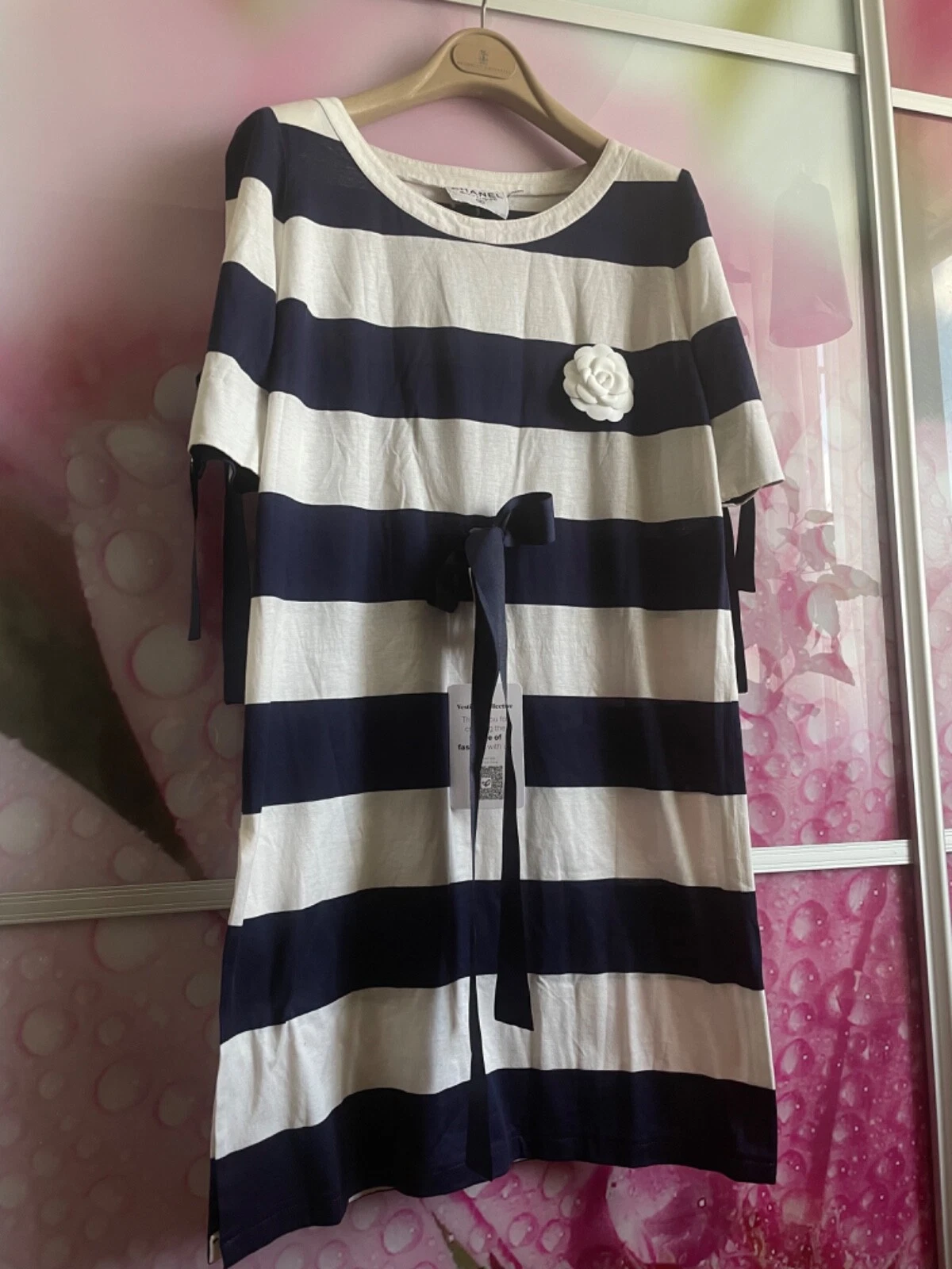 Abito estivo Chanel boutique in cotone a righe con Camelia UK 10 12