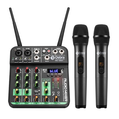 Professionelles kabelloses UHF-Mikrofonsystem - 4-Kanal-Mixer mit USB-Soundkarte, Verzögerung/Rep