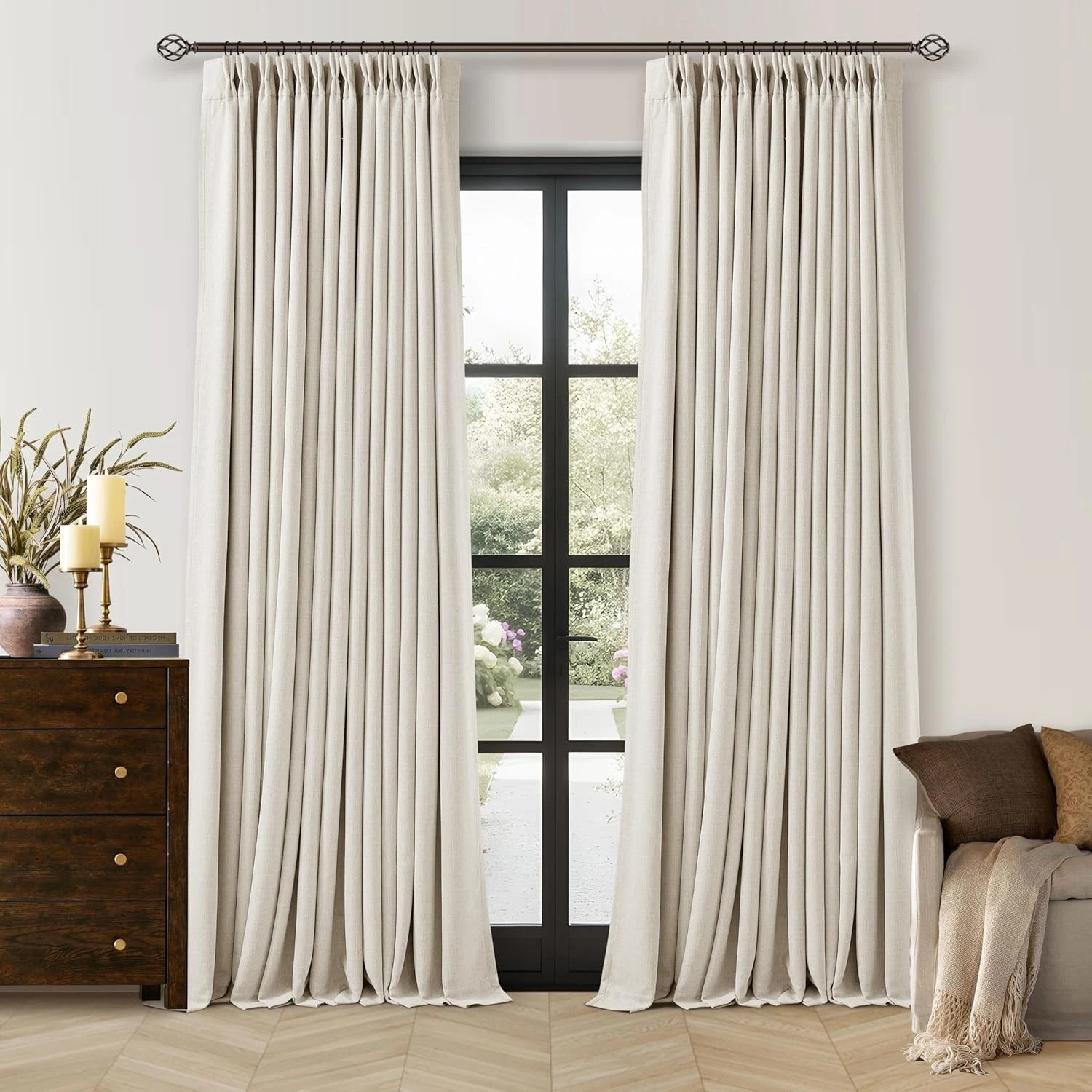 90 Inch Pinch Pleated Blackout Linen Curtains for Bedroom 2 Panels Memory Traine