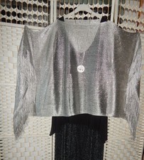 SpitzenSchal STOLA mit Fransen Poncho Cape Überwurf Umhang **Silbern*Gr.44--60