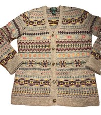 54 Ralph Lauren Vintage Fair Isle Hand Knit Cardigan Sweater M Perfect Wool