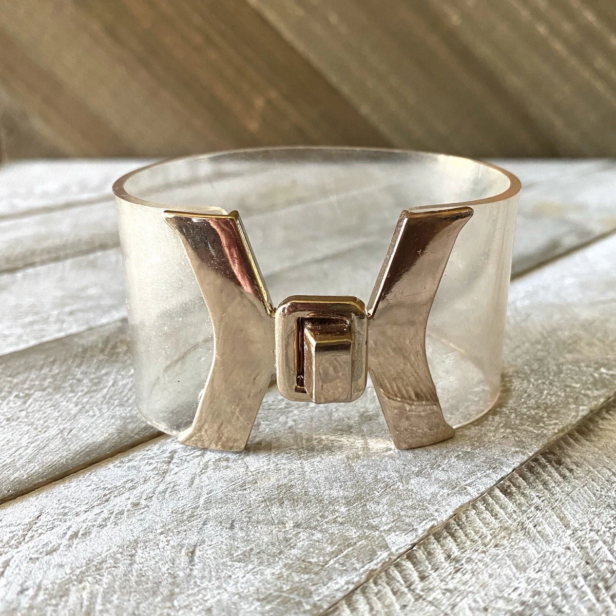 Clear Cuff Bracelet Gold Tone Decorative Turn Lock Clasp Flexible