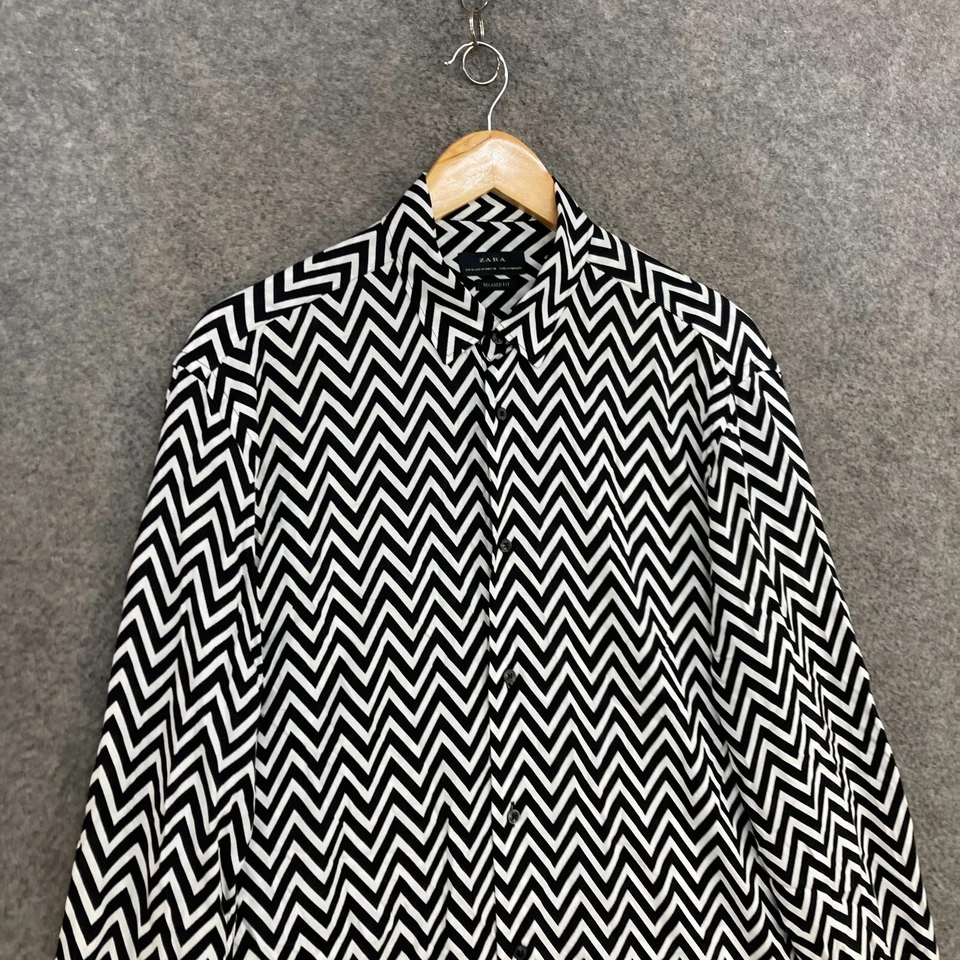 Zara Shirt Mens M Medium Black White Zig-Zag Long Sleeve Button Up 54930 - Image 2 of 4