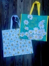 TWO (2)  Large Shopping Tote Bags DAISIES 🌼FLOWERS Reusable Eco Friendly free✈️