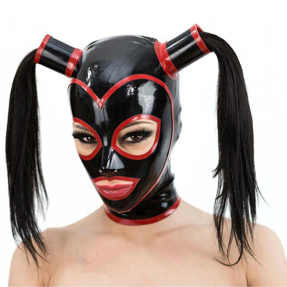 Latex Mask Rubber Hood Red Trim with Two Ponytail Hair Wigs Fetish Cosplay BDSM - Image 3 of 4