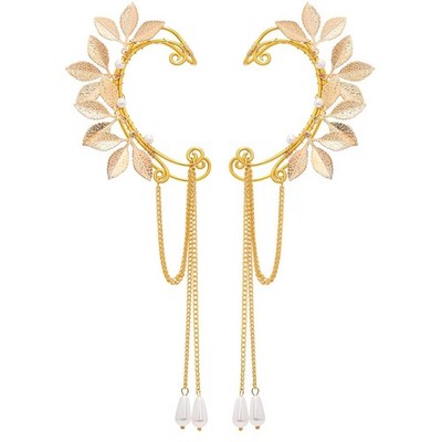 Gold Elf Ear Cuffs - Handmade Fairy Leaf Elf Earrings with Tassel Pearl Dangle N