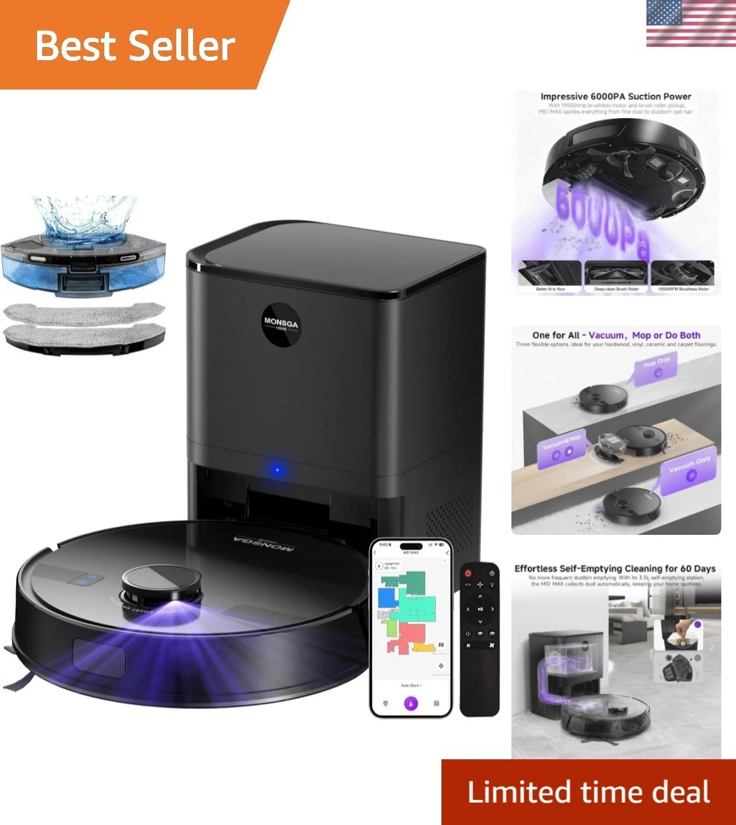 Robot Vacuum and Mop Combo, 6000Pa Robotic Vacuum with 3.5L Self Emptying Sta...
