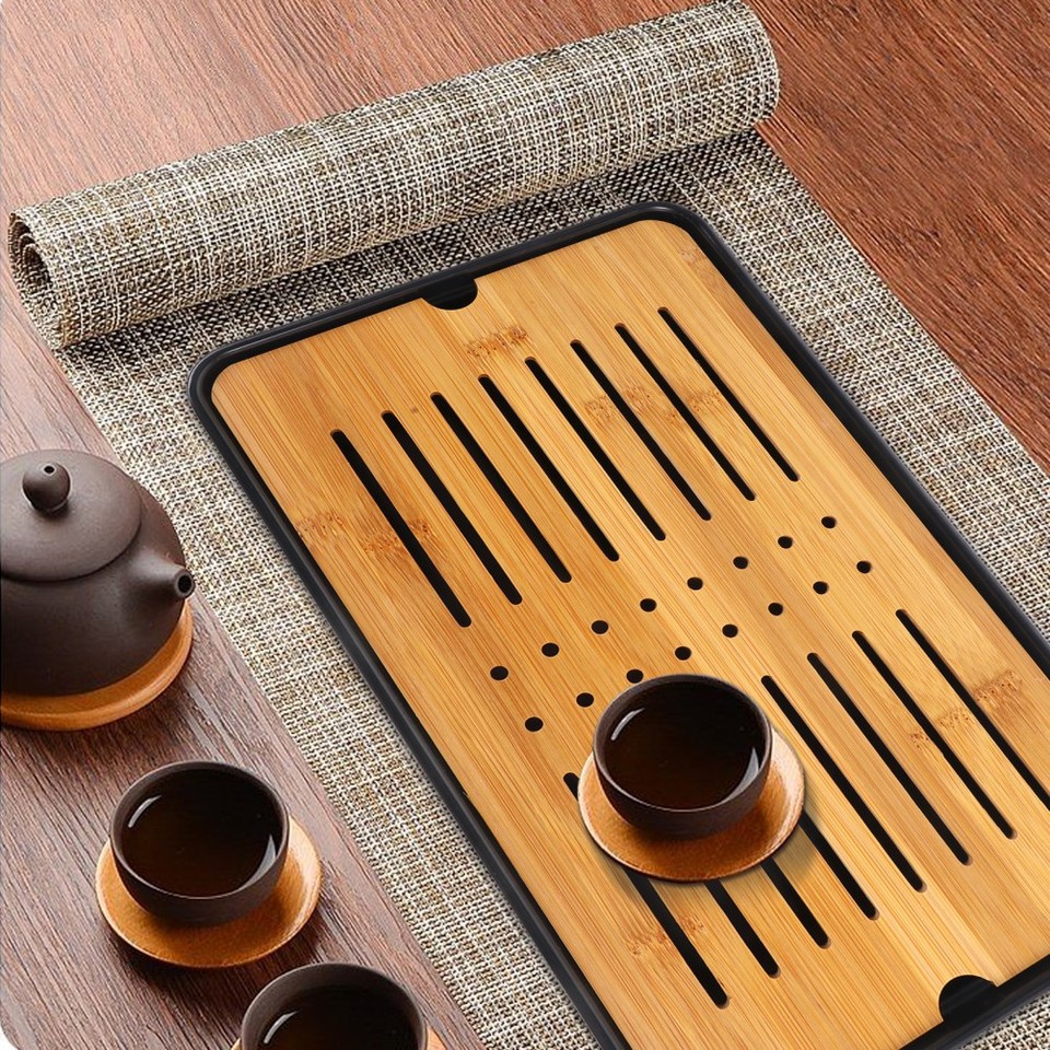 Bamboo Tea Tray Black Kitchen Drain Tray Dish Drying Rack Reusable ...