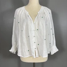 NWT Rails Mariah Green Daisy Embroidered Linen Blouse M Peasant Cottagecore Boho