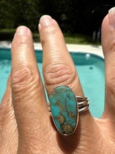 Artisan Spiderweb Turquoise Sterling Silver Statement Ring Soild back Southwest