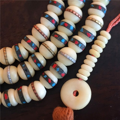 Collana Mala 108 X 75Mm Perline Tibetane 100% Naturale Osso di Yak Benedetto - Foto 4 di 5
