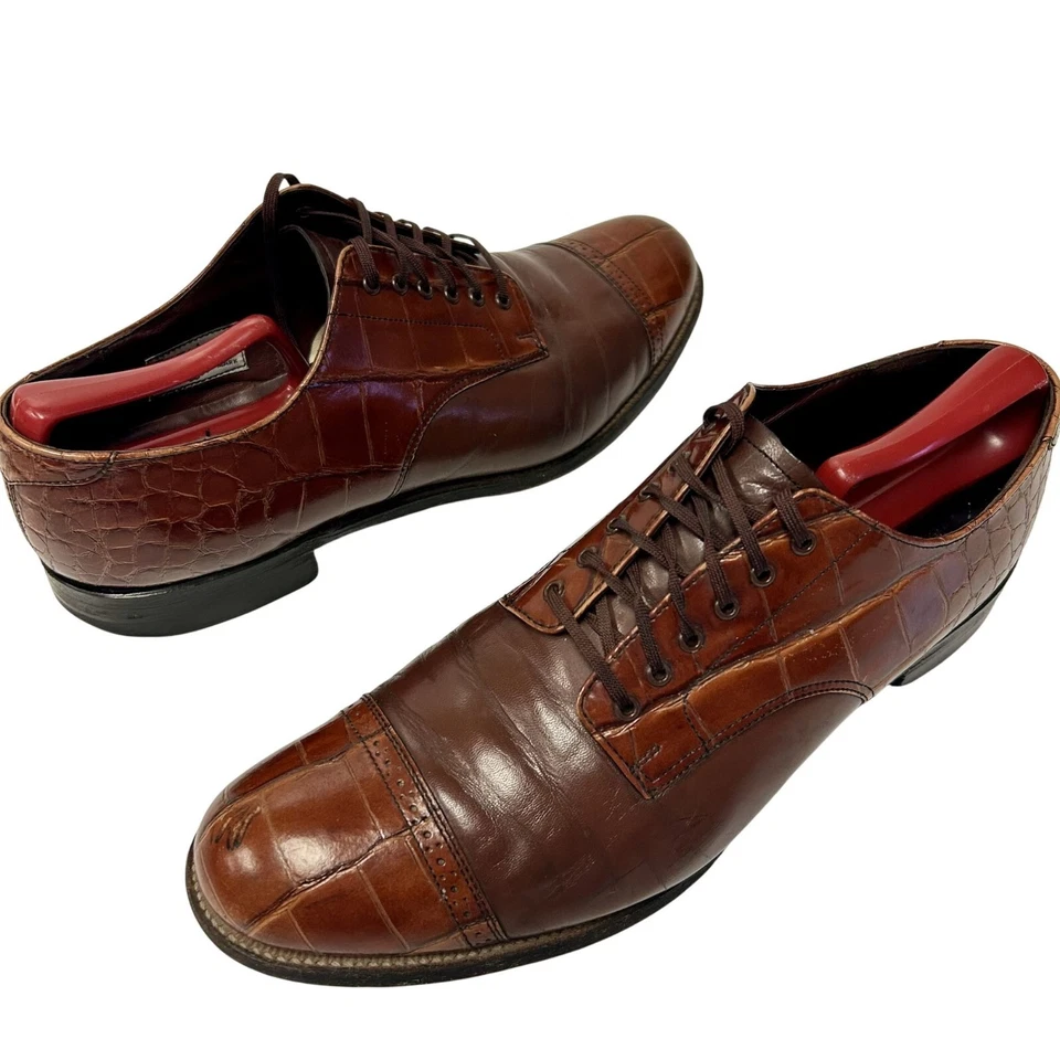 Винтажный Stacy Adams 2 тона коричневый АЛЛИГАТОР зерно кожи платье обуви CAPTOE Оксфорды - Изображение 2 из 4